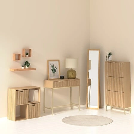 Konzolový stolek Tasso moderní s zásuvkou do předsíně a obýváku v přírodní barvě na zlatých nožkách Atmosphera