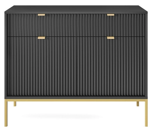 Černá rýhovaná komoda se zlatými nohami a zásuvkami 104 cm do obýváku Intesi