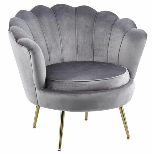 Křeslo Korab VIC šedý samet glamour s mušlovým opěradlem a zlatými nohami do obýváku
