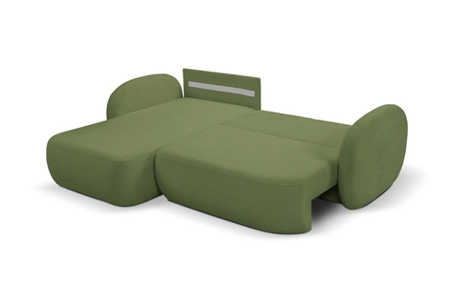 Rohová rozkládací pohovka levá Salby zelená moderní do obýváku s úložným prostorem