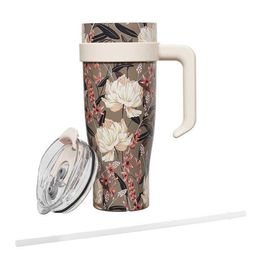 Termo hrnek na kávu s uchem Intesi Fleur 1,2 l béžový nerez elegantní