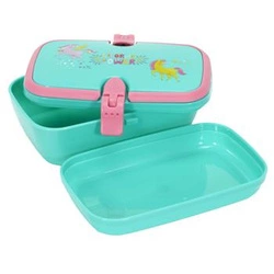 Dětský svačinový box Jednorožec Intesi – modrá plastová uzavíratelná krabička do školy 16,5 cm