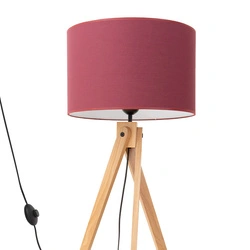 Stojací lampa do obýváku NATT burgund moderní dřevěný trojnožka s textilním stínidlem 140 cm