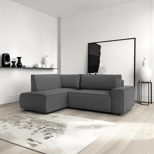 Rohová rozkládací pohovka Molde L levá, tmavě šedý manšestr, s úložným prostorem do obýváku