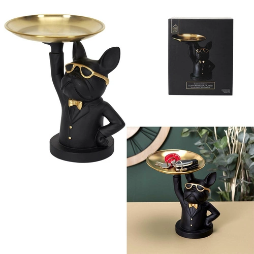 Dekorační soška organizér Buldoček černý se zlatým tácem do obýváku Intesi glamour