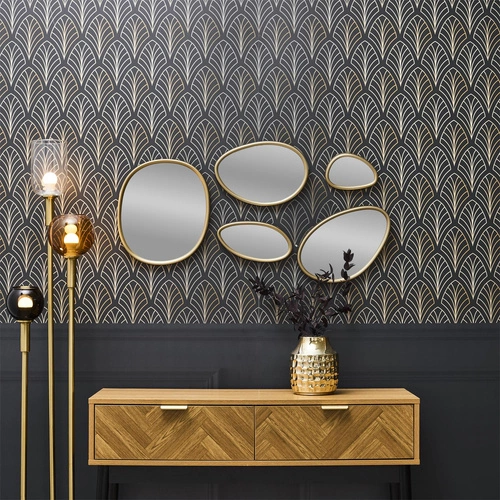 Sada 5 oválných dekorativních zrcadel Organic Shape ve zlatém rámu do obýváku Intesi