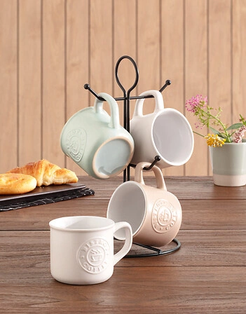 Sada 4 keramických hrnků Leo 140 ml se stojanem klasická na kávu a čaj