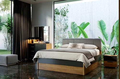 Noční stolek Intesi Lana 49 cm se 2 zásuvkami v přírodní dubové a šedé barvě, moderní design do ložnice