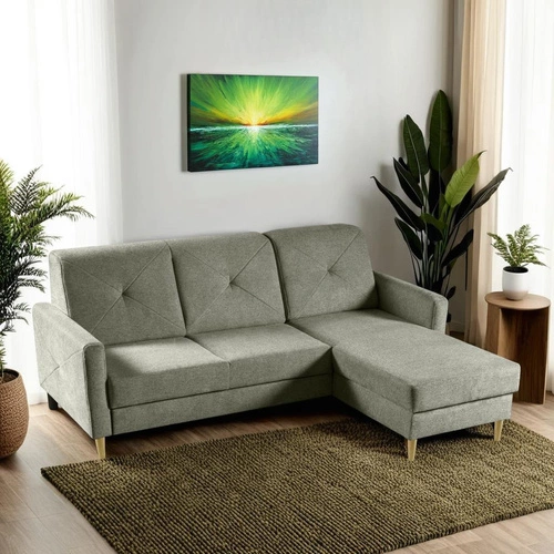 Moderní zelená levostranná rohová pohovka Scandi s rozkladem a úložným prostorem do obýváku