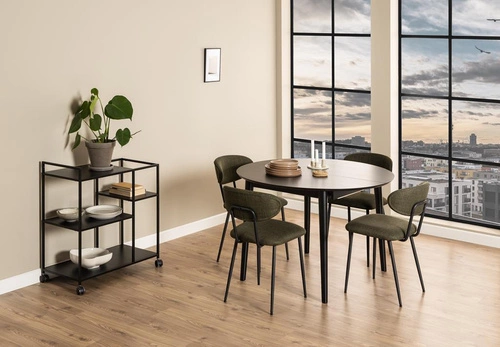 Rozkládací kulatý jídelní stůl Montreux černý moderní do jídelny a obýváku Actona 115–154 cm