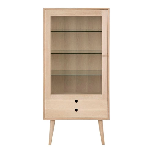 Moderní vitrína na knihy se zásuvkami Century bělený dub sklo do obýváku 143 cm Actona