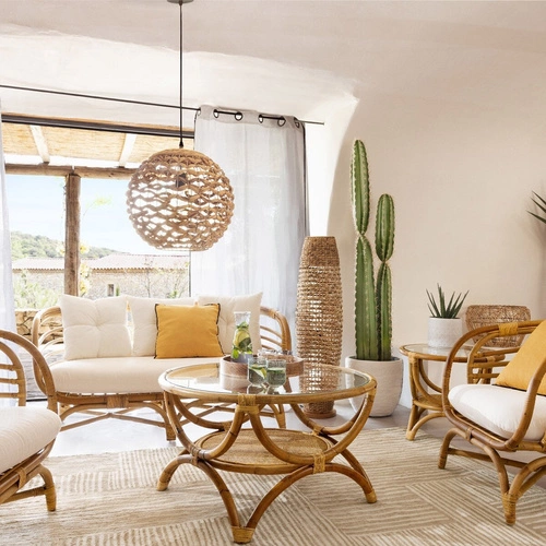 Kulatý konferenční stolek Farah 91 cm ratanový s policí boho do obýváku Atmosphera skleněný