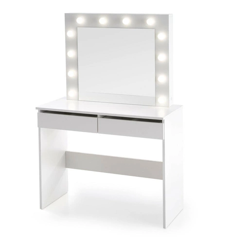 Moderní toaletní stolek s LED zrcadlem Sybilla bílý na líčení se zásuvkami do ložnice Intesi