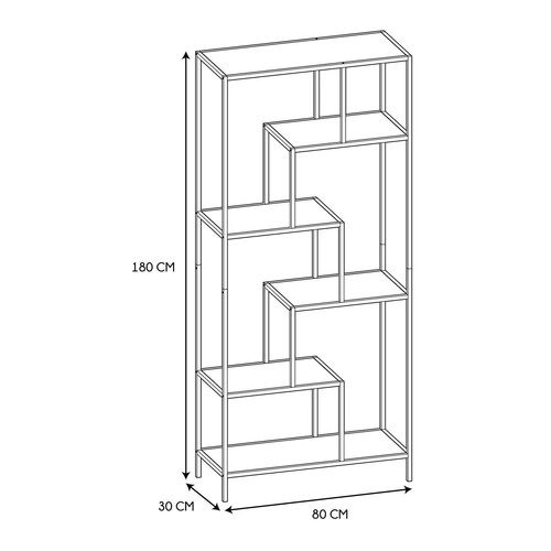 Industriální černá kovová knihovna Edison se skleněnými policemi do obýváku 180 cm