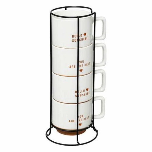 Sada 4 hrnků 300 ml na podstavci bílá/terakota