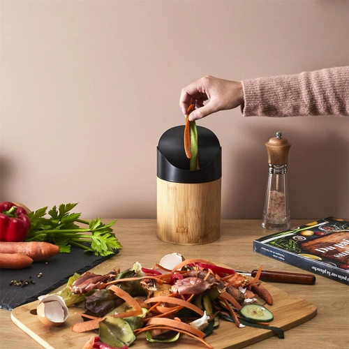 Intesi Mini odpadkový koš do koupelny a kuchyně bambusový bílý s otočným víkem 1 l