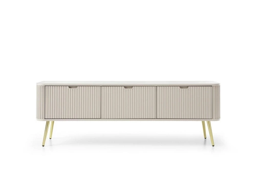 TV stolek Seda béžový s drážkovaným povrchem a policemi na vysokých zlatých nohách do moderního obýváku