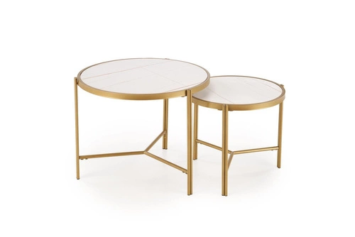 Sada 2 kulatých konferenčních stolků Kalund bílý mramor zlatý moderní glamour do obýváku