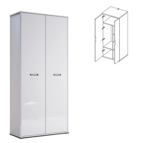 Bílá lesklá šatní skříň Bella dvoudveřová s tyčí a policemi hloubka 40 do ložnice