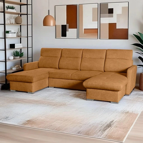 Rohová sedačka Limi U s rozkladem a úložným prostorem do obýváku okrová