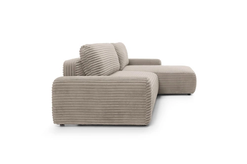 Rohová rozkládací pohovka Domle pravá moderní manšestrová béžová do obýváku s úložným prostorem