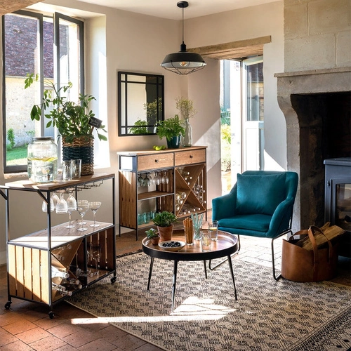 Kulaty konferenční stolek Siwan 70 cm mango dřevo a černý kov loftový do obýváku Atmosphera