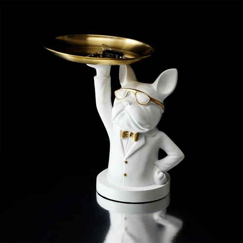 Dekorativní organizér buldok bílý se zlatým tácem Intesi do obýváku glamour