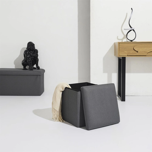 Skládací taburet s úložným prostorem Vels Atom šedý moderní do předsíně a studentského pokoje 38x38 cm