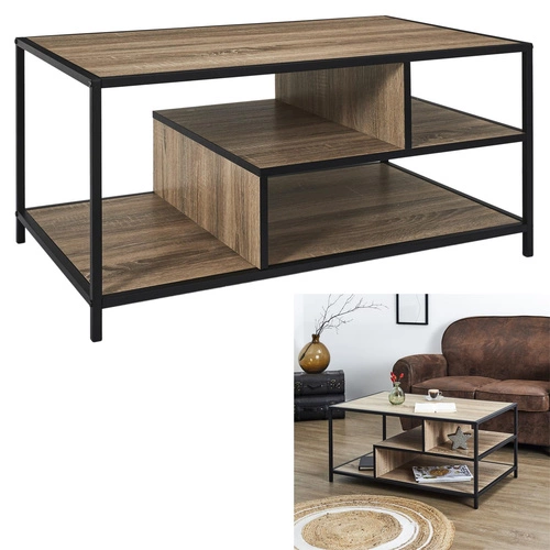 Konferenční stolek Edison obdélníkový 90x55 cm industriální loftový do obýváku s dřevěnou deskou Intesi