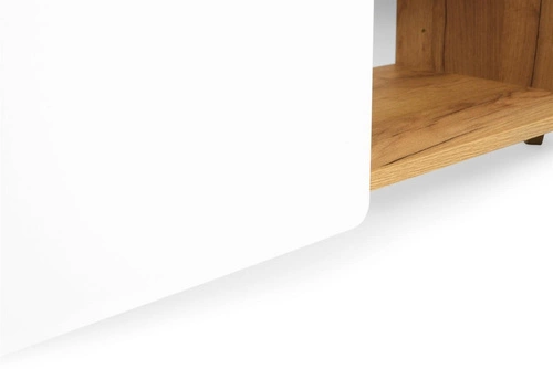 Bílá TV komoda s dubovými nohami Lett 135 cm skandinávská se zásuvkami do obýváku SKANDICA