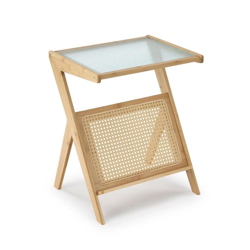 Ratanový konferenční stolek Balli boho s obdélníkovou skleněnou deskou v přírodní barvě do obývacího pokoje Intesi