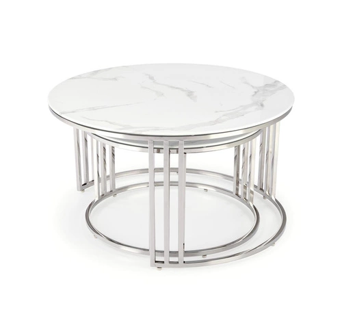 Sada 2 kulatých konferenčních stolků Yasmine skleněných glamour stříbrno-bílých do obýváku