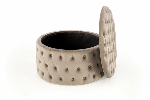 Béžový kulatý sametový taburet Russ s úložným prostorem do obýváku a ložnice ve stylu glamour