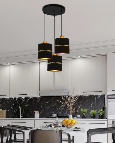 Závěsné svítidlo Assam černé s textilním stínidlem a zlatým pruhem 3bodové do obýváku nebo kuchyně