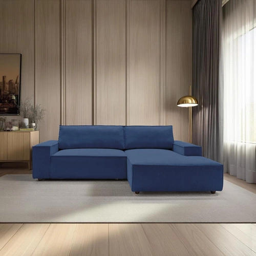 Rohová rozkládací pohovka Molde M pravá, manšestrová, tmavě modrá s úložným prostorem do obýváku