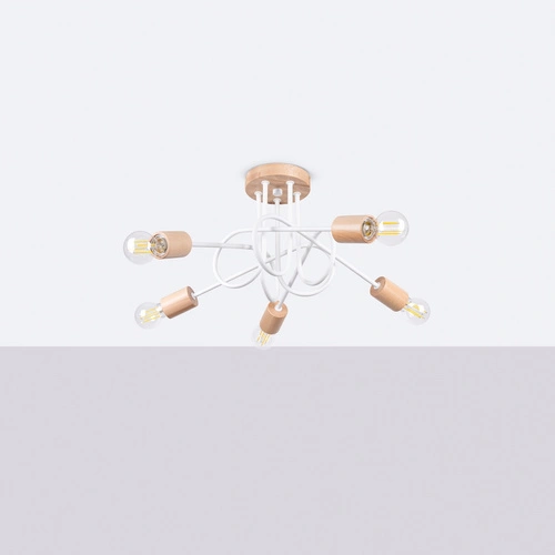 Stropní lustr EMBER 5 bílý minimalistický s dřevem do obýváku a jídelny 61 cm