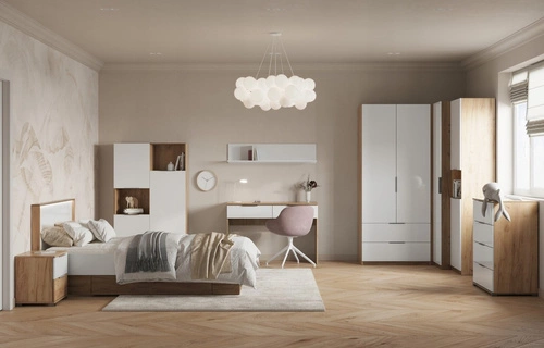 Postel do ložnice Tissa 140x200 s úložným prostorem, zásuvkami a LED bílý dub craft