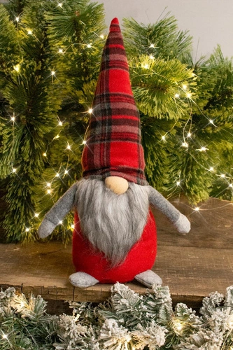 Figurka sedící trpaslík červený kostkovaný 44cm