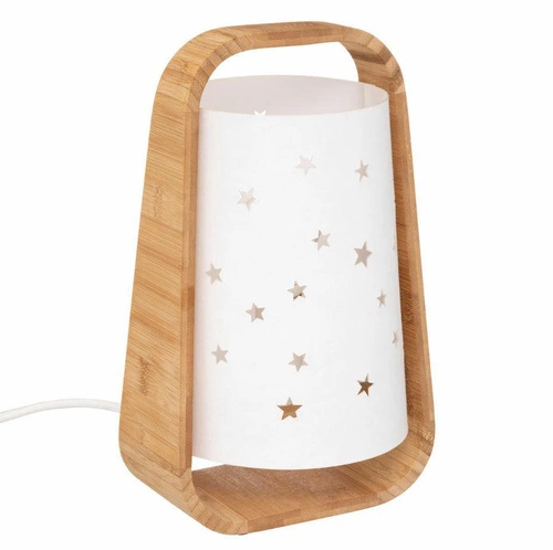 Noční lampa Cut Star bílá boho s bambusovou základnou a papírovým stínidlem do ložnice 27 cm