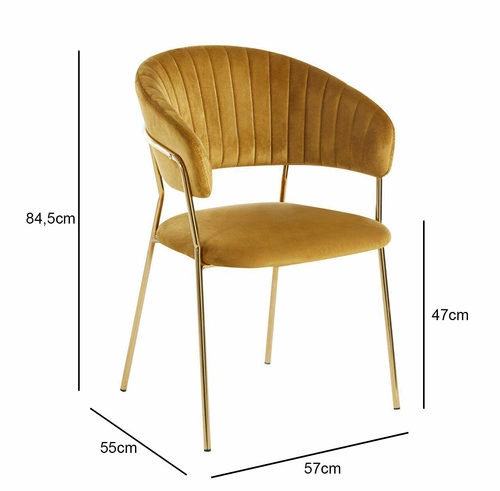 Čalouněná jídelní židle Glamour Velvet Intesi, žlutá, sametová, se zlatými nohami a područkami