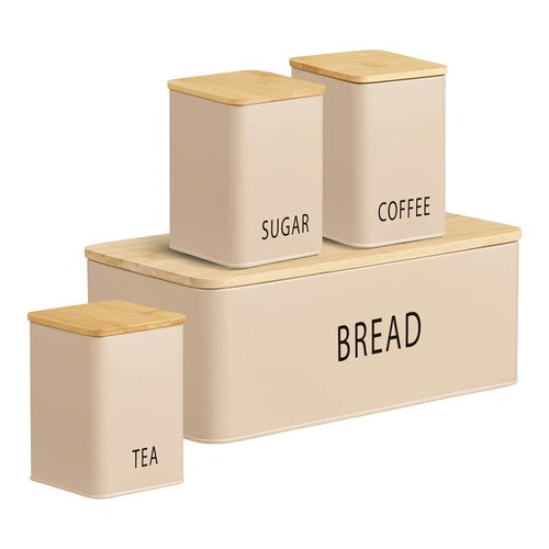 Sada chlebník a 3 dózy Tula béžová kovová a bambusová do kuchyně