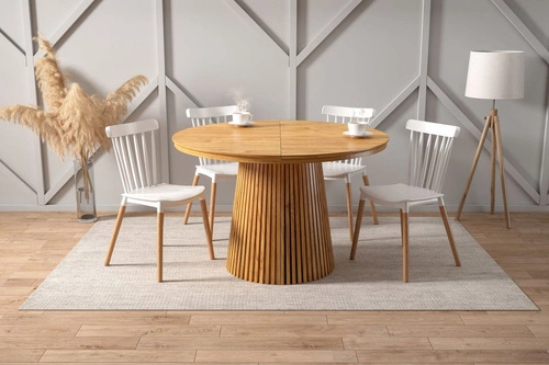 Rozkládací kulatý jídelní stůl Kyoto 120–200 cm přírodní dub moderní