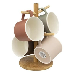 Sada 4 keramických hrnků Nature 380 ml s dřevěným stojanem na kávu a čaj