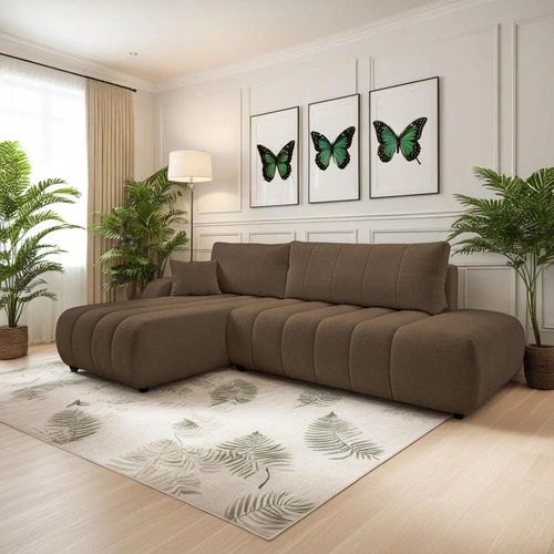 Rohová rozkládací pohovka Hobro levá hnědá moderní do obýváku s úložným prostorem