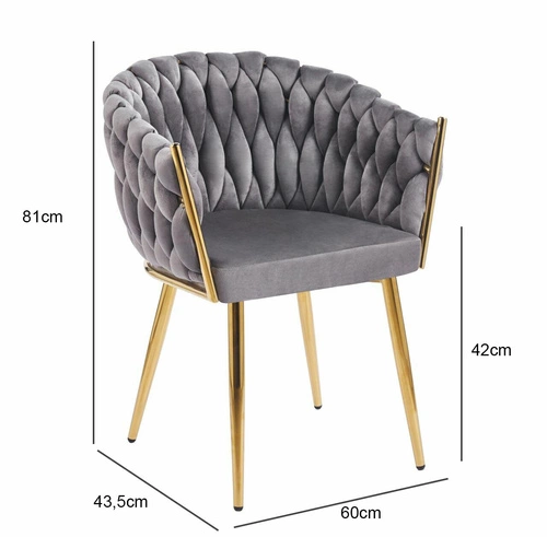 Čalouněná jídelní židle Malaya Velvet šedá s područkami na zlatých nohách Intesi