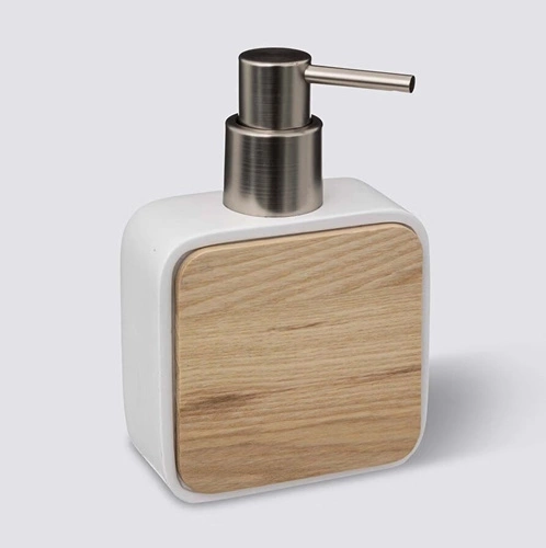 Dávkovač mýdla Natureo bílý s jasanovým dřevem moderní do koupelny