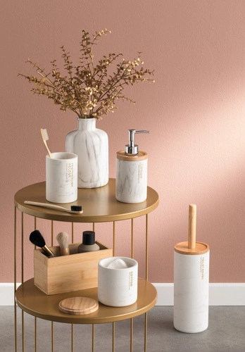 Kulatý konferenční stolek Kobu zlatý kovový s policemi moderní do obývacího pokoje Atmosphera