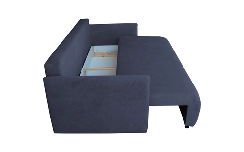 Rozkládací sametová pohovka Mondel tmavě modrá s úložným prostorem pro 3 osoby do obýváku na spaní