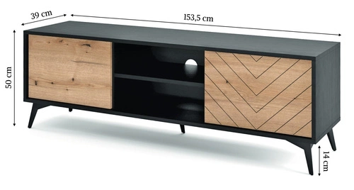 TV stolek Fargo loftový vzor rybí kost 154 cm volně stojící do obýváku dub a černá moderní