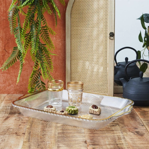 Dekorační tác Mirage Intesi transparentní se zlatým okrajem 41 cm na servírování nápojů